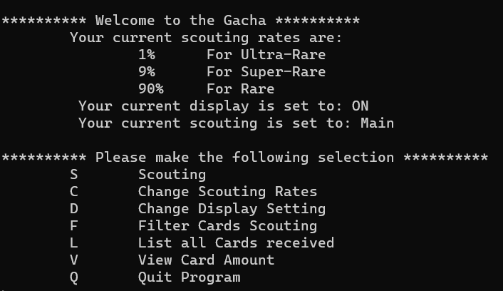 A menu for my Gacha Project